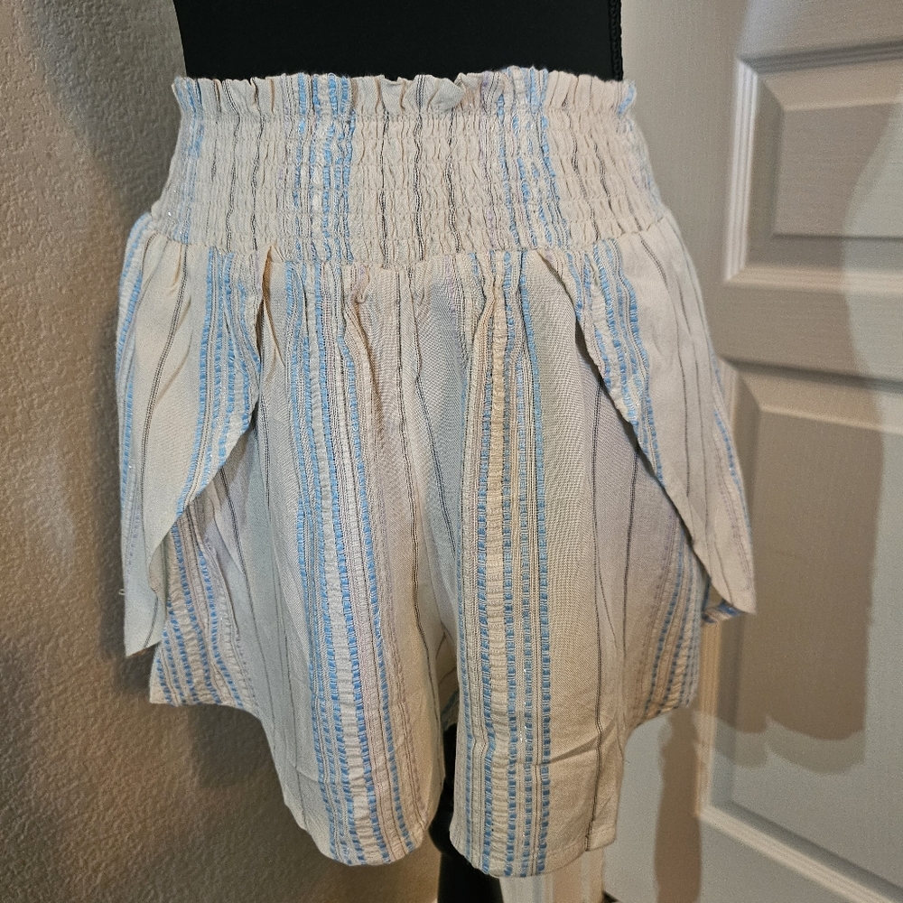 Elan Smocked High Waist Cream and Blue Striped Faux Wrap Coverup Shorts - Picture 7 of 11